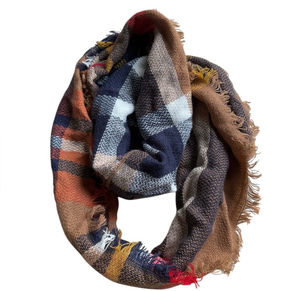 Plaid Infinity Scarf - Brown, Blue, and White